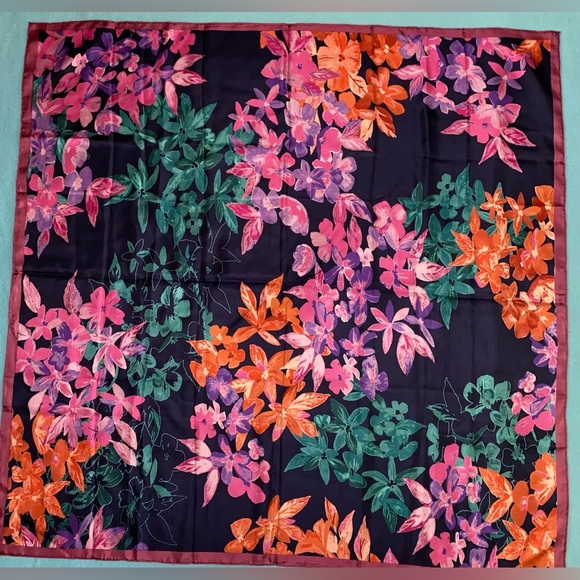 SILK SCARF square floral multicolor dark navy background NEW size 36” X 36” - Picture 2 of 5